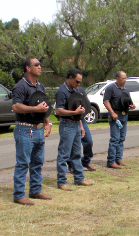 waimeaconnectorcowboys Parker Ranch cowboys pause during Friday's ground breaking and blessing.