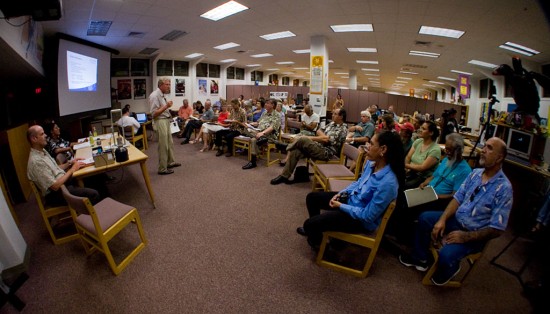 20090827_NRC-Hilo-JohnHayes John Hayes, of the U.S. Nuclear Regulartory Commission, talks to the audience at Hilo High School during the commission's presentation. Photography by Baron Sekiya/Hawaii 24/7