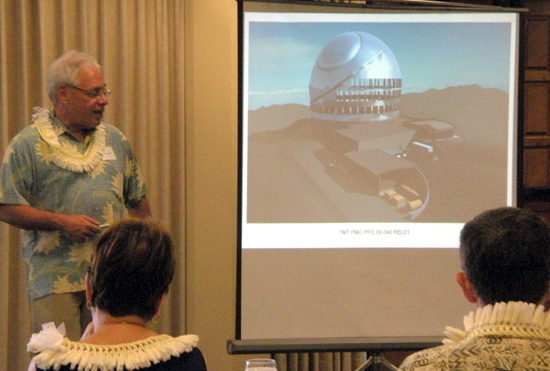 GarySandersTMT Gary Sanders, TMT project manager, details the world's largest telescope at the supplier's conference Monday in Hilo. (Hawaii247 photo by Karin Stanton)