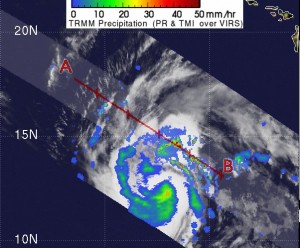 395208main_20091020_Neki-TRMM_full TRMM's analysis of rainfall within Neki showed areas of heavy rainfall. The yellow and green areas indicate moderate rainfall between .78 to 1.57 inches per hour. Red areas are heavy rainfall at almost 2 inches per hour. Credit: NASA/SSAI, Hal Pierce