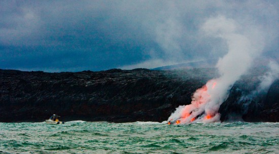 Tour operators have taken to the ocean to give visitors the closest look possible of lava entering the sea.