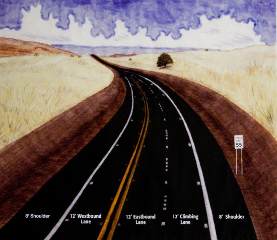 An artist's rendering of the Saddle Road west alignment looking east with a climbing lane and 55 mph speed limit.