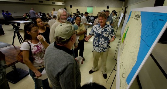 Ron Terry talks about the Supplemental Environmental Impact Statement (SEIS) for the Saddle Road west alignment at Aunty Sally's Luau Hale in Hilo Wednesday (Dec 9).