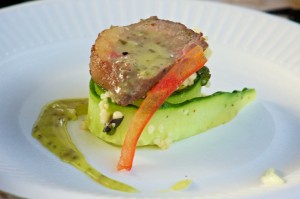 Grilled Top Round Beef on seasoned couscous, cucumber and drizzled with cilantro-lime