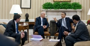 President Barack Obama and Vice President Joe Biden meet with Office of Management and Budget Director Jack Lew and Rob Nabors, Director of Legislative Affairs. (Office White House Photo by Pete Souza)