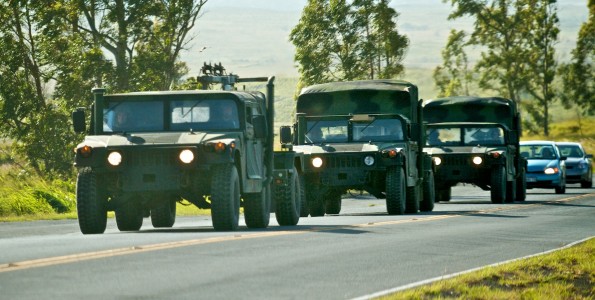 A convoy of military vehicles heads up Waikoloa Road Friday (May 27) on their way to Pohakuloa Training Area. Photography by Baron Sekiya | Hawaii 24/7