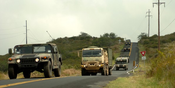 A convoy of vehicles from 209th Aviation Support Battalion, 25th Combat Aviation Brigade is driven over Saddle Road. Photo by Sgt. Bryanna Poulin 25th CAB Public Affairs