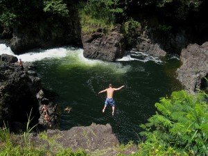 20070822_boiling-post-jumper A swimmer takes a leap into the Boiling Pots area of the Wailuku River. File photo by Baron Sekiya | Hawaii 24/7