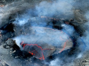 20120521_usgs-puuoo-lava-pond A circular lava pond has recently been active near the eastern rim of Pu‘u ‘O‘o crater. Monday (May 21), the lava pond had a low-level but continuous spattering from its eastern margin, and a mostly crusted lava surface. Photo courtesy of USGS/HVO