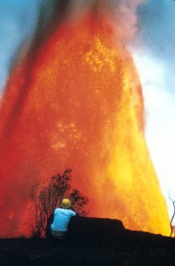 Hawaii Volcanoes National Park. 1969-1971 Mauna Ulu eruption of Kilauea Volcano. Puu Huluhulu, with Mauna Ulu fountain about 1500 feet high in the background. Photo by H. Schmincke, December 30, 1969.