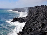 A closer view of the ocean entry, with weak plumes originating from several spots along the coast. Photo courtesy of USGS/HVO