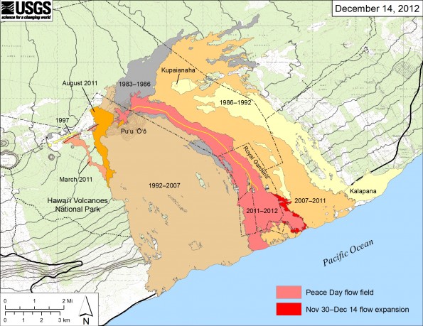 Map showing the extent of lava flows erupted during Kīlauea’s ongoing east rift zone eruption and labeled with the years in which they were active. Episodes 1–48b (1983–1986) are shown in gray; episodes 48c–49 (1986–1992) are pale yellow; episodes 50–53 and 55 (1992–2007) are tan; episode 54 (1997) is yellow; episode 58 (2007–2011) is pale orange; the episode 59 Kamoamoa eruption (March 2011) is at left in light reddish orange; and the episode 60 Puʻu ʻŌʻō overflows and flank breakout (Mar–August 2011) are orange. The currently active Peace Day flow (episode 61) is shown as the two shades of red—light red is the extent of the flow from September 21, 2011, to November 30, 2012, and bright red marks the mapped flow expansion from November 30 to December 14. There may have been minor flow margin changes upslope, in and above the upper part of Royal Gardens, which have not been mapped and are not shown on this map. The active lava tube is delineated by the yellow line within the active flow field. Incipient tubes extend onto the coastal plain to feed the currently active flows, but these have not been mapped. The contour interval for topographic lines shown on Puʻu ʻŌʻō is 5 m.