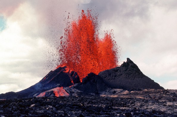 Tephra falling from a lava fountain on September 6, 1983, helped build the Pu`u `O`o cone, which eventually reached a maximum height of 255 m (835 ft) in 1986. Photo courtesy of USGS/HVO