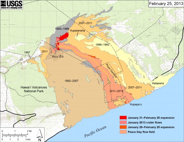The currently active Peace Day flow (episode 61) as of January 25, 2013, is shown in light reddish orange. Widening of the Peace Day flow field between January 25 and February 25 are shown in dark orange. Changes near the coast were approximated from infrared satellite images. Lava flows fed directly from the Puʻu ʻŌʻō crater as of January 31, including the Kahaualeʻa flow north of Puʻu ʻŌʻō, are shown in pink. Bright red shows the widening of those flows between January 31 and February 25. Older lava flows are labeled with the years in which they were active. Episodes 1–48b (1983–1986) are shown in gray; episodes 48c–49 (1986–1992) are pale yellow; episodes 50–55 (1992–2007) are tan; and episodes 58–60 (2007–2011) are pale orange. The contour interval for topographic lines shown on Puʻu ʻŌʻō is 5 m.