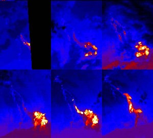 This sequence of ASTER nighttime thermal images shows the Pu'u O'o lava flows entering the sea at Kamokuna on the southeast side of the Island of Hawaii. Each image covers an area of 9 x 12 km. The acquisition dates are April 4 2000, May 13 2000, May 22 2000 (upper row) and June 30 2000, August 1 2000 and January 1 2001 (lower row). Thermal band 14 has been color coded from black (coldest) through blue, red, yellow and white (hottest). The first 5 images show a time sequence of a single eruptive phase; the last image shows flows from a later eruptive phase. The images are located at 19.3 degrees north latitude, 155 degrees west longitude. Image Source: NASA/GSFC/METI/Japan Space Systems,
and U.S./Japan ASTER Science Team