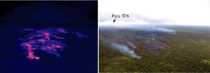 A comparison of a thermal image (left) with a normal photograph (right) of the Kahaualeʻa 2 flow front. Brighter colors in the thermal image depict hotter surface temperatures, with white and yellow areas showing active pāhoehoe breakouts. These breakouts are distributed in a scattered fashion across this portion of the flow field. The vent for the Kahaualeʻa 2 flow is on Puʻu ʻŌʻō, visible in the upper left of the photograph. Photo courtesy of USGS/HVO