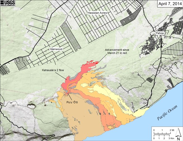 Map showing the Kahaualeʻa 2 flow in relation to the eastern part of the Big Island as of April 7, 2014. The active front of the Kahaualeʻa 2 flow was 8.2 km (5.1 miles) northeast of Puʻu ʻŌʻō and advancing very slowly through thick forest. The area of the Kahaualeʻa 2 flow as of March 21 is shown in pink, while widening of the flow since then is shown in red. Older lava flows are distinguished by color: episodes 1–48b flows (1983–1986) are shown in gray; episodes 48c–49 flows (1986–1992) are pale yellow; episodes 50–55 flows (1992–2007) are tan; episodes 58–60 flows (2007–2011) are pale orange, and episode 61 flows (2011–2013) are reddish orange. The active lava tube is shown with a yellow line (dashed where its position is poorly known).