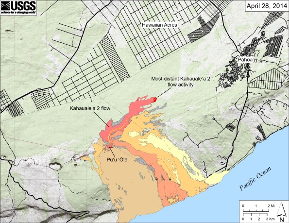 Map showing the Kahaualeʻa 2 flow in relation to the eastern part of the Island of Hawaiʻi as of April 28, 2014. The most distant active front of the Kahaualeʻa 2 flow was just over 8.3 km (5.2 miles) straight-line distance northeast of Puʻu ʻŌʻō. Two other flows were also active on the flanks of Puʻu ʻŌʻō, each erupting from a different vent. One, fed from a spatter cone on the north side of the crater floor, had advanced about 400 m down the northern flank of Puʻu ʻŌʻō. The other, fed from a spatter cone on the south side of the crater floor, had reached about 500 m southeast of Puʻu ʻŌʻō. The area of the Kahaualeʻa 2 flow as of April 18 is shown in pink, while widening of the flow since then, including the two new flows on Puʻu ʻŌʻō, is shown in red. Older lava flows are distinguished by color: episodes 1–48b flows (1983–1986) are shown in gray; episodes 48c–49 flows (1986–1992) are pale yellow; episodes 50–55 flows (1992–2007) are tan; episodes 58–60 flows (2007–2011) are pale orange, and episode 61 flows (2011–2013) are reddish orange. The active lava tube is shown with a yellow line (dashed where its position is poorly known).