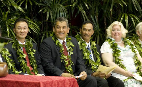 Mayor and council members Councilman J. Yoshimoto, Mayor Billy Kenoi, Councilman Guy Enriques, Councilwoman Brenda Ford during inauguration ceremonies.