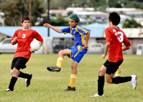 20081209-hilo-sjs_scb_001 Hilo boys battle the St. Joseph's Cardinals during BIIF soccer action at St. Joseph school.