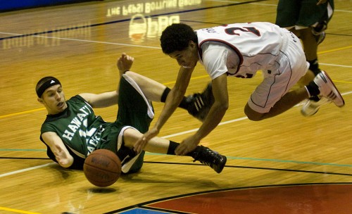 20090102_loose-ball HPU's Jeff Ingram (12) and UH-Hilo Vulcan John Smith (21) go tumbling and flying after a loose ball during men's basketball action at the Hilo Civic Auditorium. UH-Hilo beats HPU 77-66.