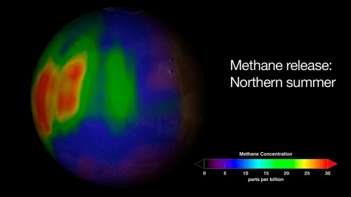 303598main_mjmumma_vid_01_1280_01 Visualization of a methane plume found in Mars’ atmosphere during the northern summer season. Credit: Trent Schindler/NASA