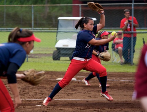 20090301_uhh-christina-pedroza UH-Hilo pitcher Christina Pedroza (17) fires a pitch off the mound against the Lock Haven Eagles during softball action in Hilo. The Vulcan won this second game of doubleheader action 1-0 with Pedroza recording the win.