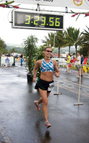 20090322_marathon-1st-female Carmen Pavelich is the first female finisher of the 12th Annual Big Island International Marathon. Pavelich is from Calgary, Canada.