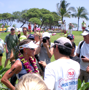 703granger Belinda Granger gives a finish line interview after scoring the Ironman 70.3 Hawaii title Saturday. (Hawaii247.com photo by Karin Stanton)
