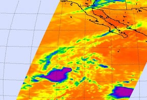 360244main_airsepacificlow_20090611_full This infrared Aqua satellite AIRS image shows the Low's thunderstorms (purple and blue) are getting well organized in a circular shape. Image Credit: NASA JPL, Ed Olsen