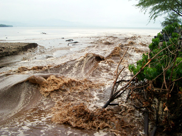 pelekanebaywatershed Tons of sediment are carried into Pelekane Bay with storm flows like this one in 2003. (Hawaii247.com photo courtesy of Carolyn Stewart)