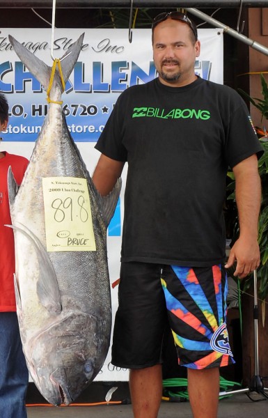 z_0124 In the Ulua division, Bruce Blythe caught a an 89.7-pound ulua, at 1:30 in the morning on Friday, with his first cast. He was fishing on the southern side of the Big Island and beat out the second place finisher by one tenth of a pound.