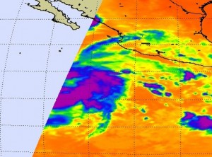 20090714_low5 The AIRS instrument on the Aqua satellite captured the eastern half of the low pressure area's cold clouds (in blue and purple) in the Eastern Pacific Ocean on July 14 at 4:29 a.m. EDT (08:29 UTC). The light blue area to the left of the storm was an area outside the satellite's track. Credit: NASA JPL