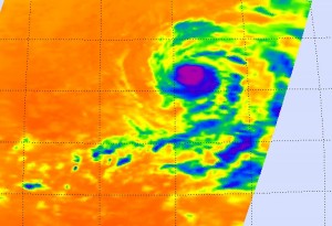 377025main_felicia_AIRS_HI This infrared satellite image shows Hurricane Felicia's cold clouds (depicted in purple and blue) and thunderstorms in the eastern Pacific Ocean on Aug 7, 2009. Credit: NASA JPL, Ed Olsen