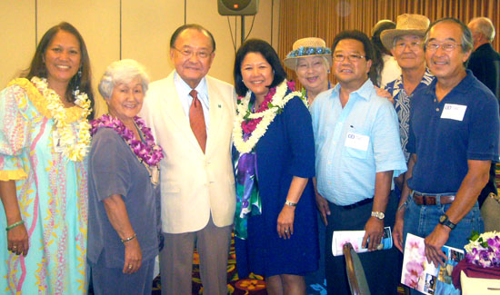 InouyeChamber U.S. Sen. Daniel Inouye was guest speaker at the Kona-Kohala Chamber of Commerce luncheon at the Keauhou Beach Hotel. In the photo are Margaret Masunaga, Deputy Planning Director for the County of Hawaii and Kona Japanese Civic Association board, Alfreida Fujita, KJCA board and Kona Historical Society board, Inouye and his wife, Irene Hirano Inouye, Mrs. Ed Kaneko, Mel Morimoto, KHS Kona Coffee Living History Farm, Ed Kaneko, KJCA board, and Nathan Kurashige, Kona Young Farmers. (Photo courtesy of Margaret Masunaga)