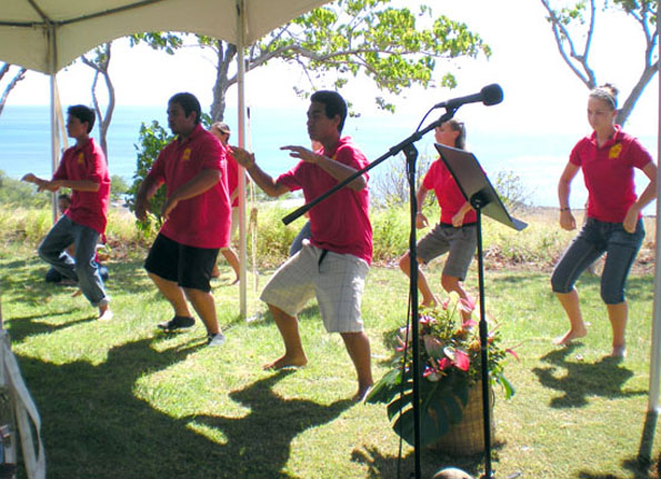 KanuOKaAinaPCS Students from Kanu o Ka Aina New Century Public Charter School perform a hula for Sen. Daniel Inouye and guests to kick off the Pelekane Bay Watershed Restoration Project. (Hawaii247 photo by Karin Stanton)