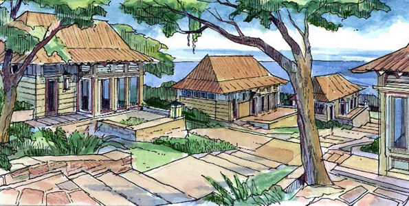 HonokohauCharretteDraw Addressing the sloping grade through this bungalow court, small homes sharing a central pedestrian greenway and featuring rear-access parking. (Photo courtesy of PlaceMakers)