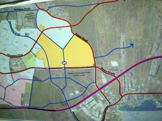 KamakanaYellow The village is marked in yellow, bordered to the south by Palani Road and to the west by Ane Keohokalole Highway. (Hawaii247 photo by Karin Stanton)