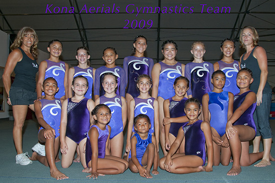 KonaAerialsTeam2009 Back row: Coach Nanette Guiffrida, Level 5 Bryana Smith, Level 6 Hadley Beach, Level 8 Nicole Cristobal, Level 8 Savannah Udac, Level 6 Tianna Morimoto, Level 8 Kaili Yuen, Level 6 Reiko Ikeno, Coach Sierra Davis. Middle row: all Level 4 Ileana HInchcliff, Maya Racine, Lily Grace Stockton, Demetria Scoufos, Tatelyn Spencer, Mariah Anderson, Mrya Liufau. Front row: Aulike Kaiawe, Zine Hassfurther and Sina Liufau. (Photo © Sue Dabritz / SeaPics.com)