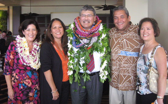 EdKuboRetirement Kubo, Margaret Masunaga, Ed Kubo, Mayor Billy Kenoi, Carol Kitaoka (from left) taken at the Aloha Oe Ed Kubo luncheon Oct. 29 at the Sheraton Waikiki. (Hawaii 24/7 photo special by Margaret Masunaga)