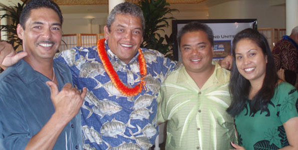 L to R: Kerry Okinishi, Mayor Billy Kenoi, Cary Cantere, and Bra Kerry Okinishi, Mayor Billy Kenoi, Cary Cantere, and Brandee Menino share a moment at the Hawaii Island United Way fundraiser. (Photo special to Hawaii 24/7 by Margaret Masunaga)