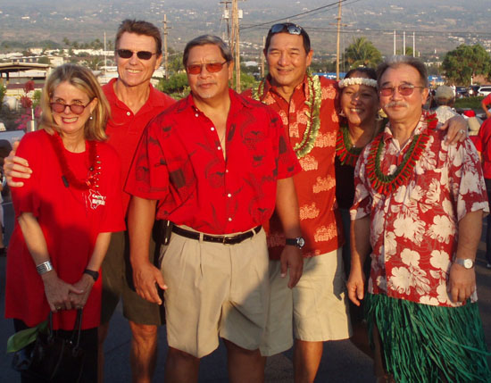 CountyParade Pictured from left are: Kona Mayor's Office secretary Megan Mitchell, Housing Director Steve Arnett, Deputy Managing Director Wally Lau, Public Works Director Warren Lee, Deputy Planning Director Margaret Masunaga, and Big Island Prosecutor Jay Kimura. (Hawaii 24/7 photo courtesy of Margaret Masunaga)