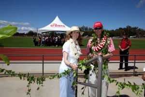 StanfordShutesTrack Stan Shutes and his daughter, Christina, officially open the new Stanford W. Shutes Track at Hawaii Preparatory Academy as the school’s headmaster, Lindsay Barnes, looks on. Photo courtesy of HPA
