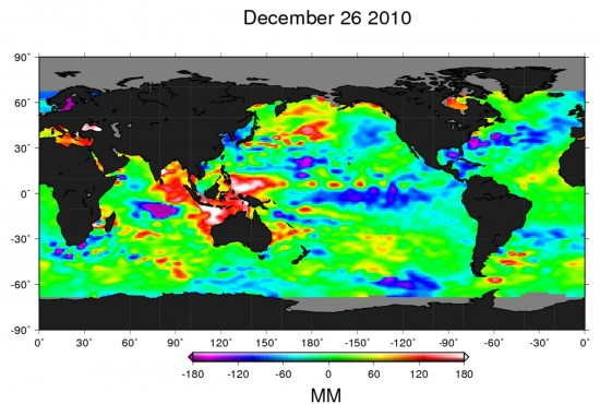 509649main_lanina_stronger2 This Ocean Surface Topography Mission (OSTM)/Jason-2 satellite image of the Pacific Ocean is based on the average of 10 days of data centered on Dec. 26, 2010. The new image depicts places where the Pacific sea surface height is higher (warmer) than normal as yellow and red, with places where the sea surface height is lower (cooler) than normal as blue and purple. Green indicates near-normal conditions. Sea surface height is an indicator of how much of the sun's heat is stored in the upper ocean. Credit: NASA JPL/Bill Patzert New NASA satellite data indicate the current La Niña event in the eastern Pacific has remained strong during November and December 2010.