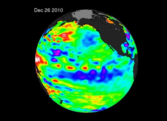 509652main_lanina_stronger_1 The La Niña is evident by the large pool cooler than normal (blue and purple) water stretching from the eastern to the central Pacific Ocean, reflecting lower than normal sea surface heights. "This La Niña has strengthened for the past seven months, and is one of the most intense events of the past half century," said Climatologist Bill Patzert of NASA JPL. Credit: NASA JPL/Bill Patzert