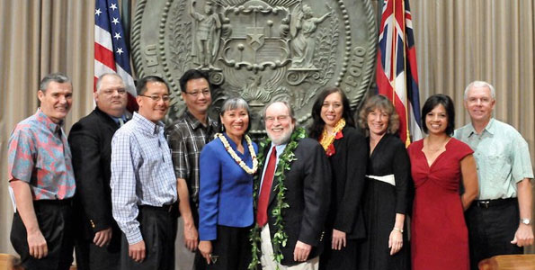 20110330_abercrombie-boe Governor Neil Abercrombie (center) with new appointees to the Board of Education. Board of Education Chairman Don Horner, Hawaii County representative Brian DeLima, Keith Amemiya, Maui County representative Wesley Lo, Charlene Cuaresma, Cheryl Kauhane Lupenui, Kauai County Representative Nancy Budd, Kim Gennaula and Jim Williams. Photo courtesy of the Office of the Governor.