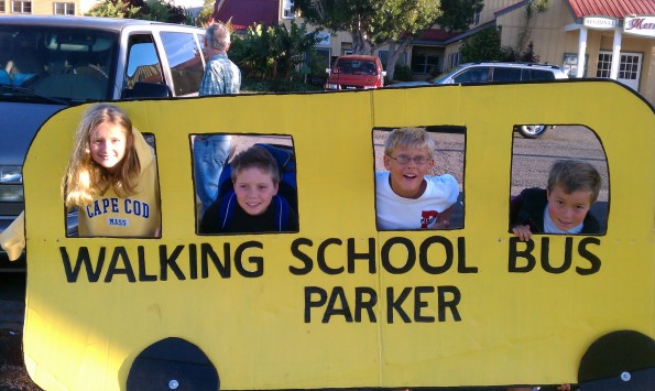 IMAG0169 Parker's "Walking School Bus" with student walkers Lindy Billhardt, Ikaika Ward, Collins Billhardt and Bennett Varney.