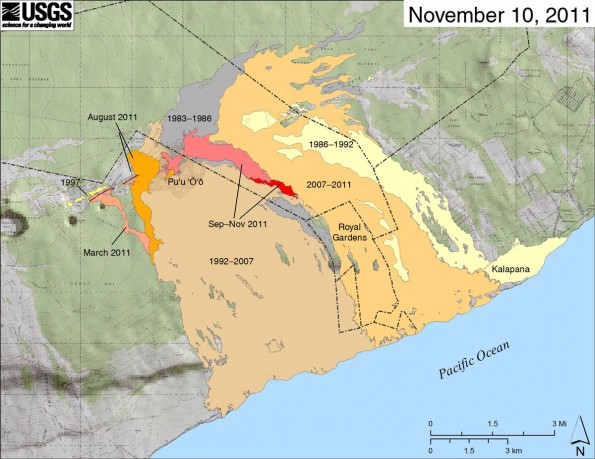 ERZ_Episode61_10Nov2011_far_L Map showing the extent of lava flows erupted during Kīlauea’s ongoing east rift zone eruption and labeled with the years in which they were active. Episodes 1–48b (1983–1986) is shown in dark gray; Episodes 48c–49 (1986–1992) is pale yellow; Episodes 50–53 and 55 (1992–2007) is tan; Episode 54 (1997) is yellow; Episode 58 (2007–2011) is pale orange; the episode 59 Kamoamoa eruption (March 2011) is at left in light reddish orange; and the episode 60 Pu‘u ‘Ō‘ō overflows and flank breakout (Mar–August 2011) is orange. The currently active flow (episode 61) is shown as the two shades of red—pink is the extent of the flow from September 21 to November 3, and bright red marks flow expansion from November 3 to November 10. The contour interval on Pu‘u ‘Ō‘ō is 5 m.