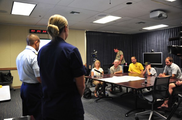 20120215-uscg-rescued-canadians Lt. Max Seda and Petty Officer 1st Class Stacie Hudson, search and rescue coordinators in the Joint Rescue Coordination Center Honolulu, provide an overview of the James' family rescue coordinated by the Coast Guard Feb. 15, 2012 at the Prince Kuhio Jonah Kalanioniolai Federal Building. The James family recounted their experience during the rescue and provided feedback on the Coast Guard response in an effort to improve the search and rescue process. U.S. Coast Guard photo by Petty Officer 3rd Class Angela Henderson.