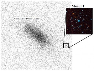 Munoz1 The Munoz 1 globular cluster is seen to the right of the Ursa Minor dwarf galaxy in this image from the Canada-France-Hawaii Telescope MegaCam imager. Image by Geha & Munoz
